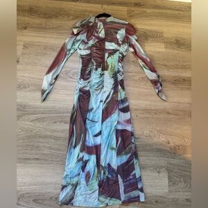 Long sleeve aqua blue multicolor midi dress